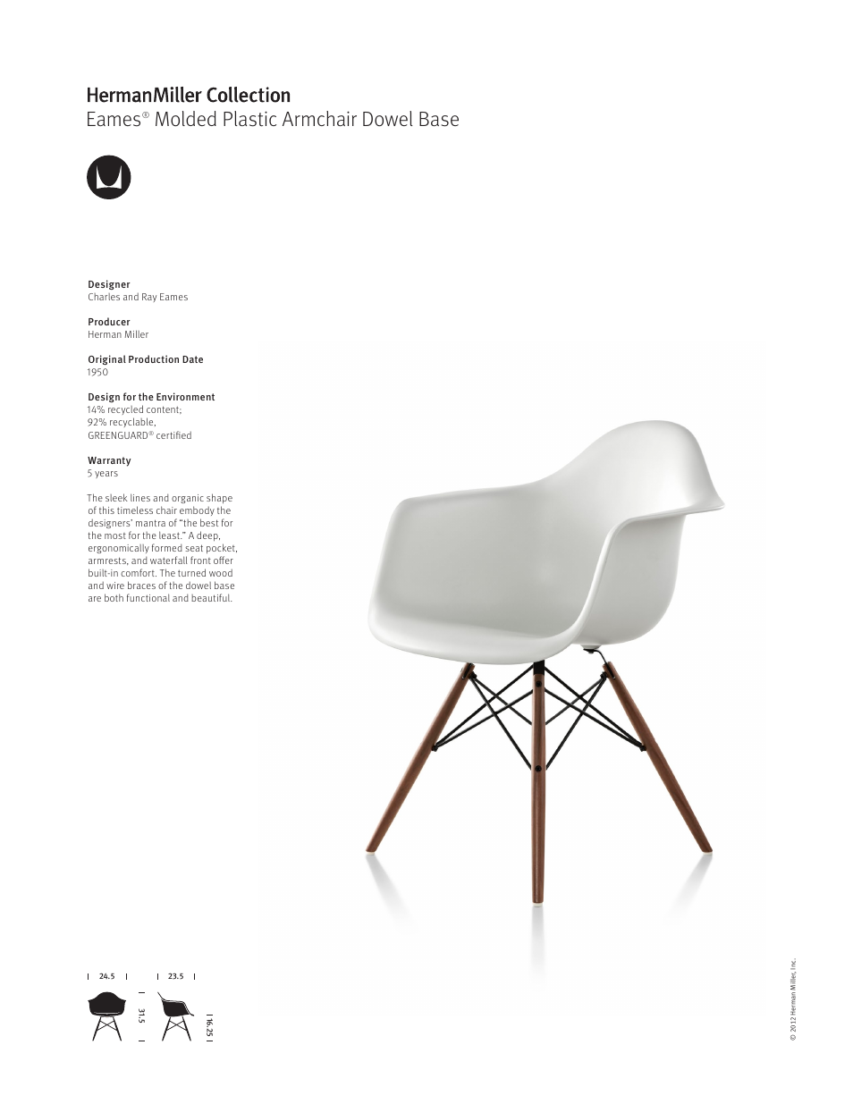 Herman Miller Eames Molded Plastic Armchair Dowel Base - Product sheet User Manual | 1 page