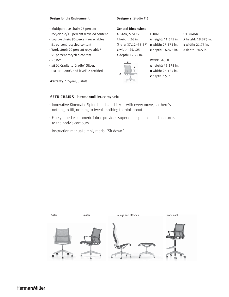 Herman Miller Setu Lounge Chair and Ottoman - Product sheet User Manual | Page 2 / 2