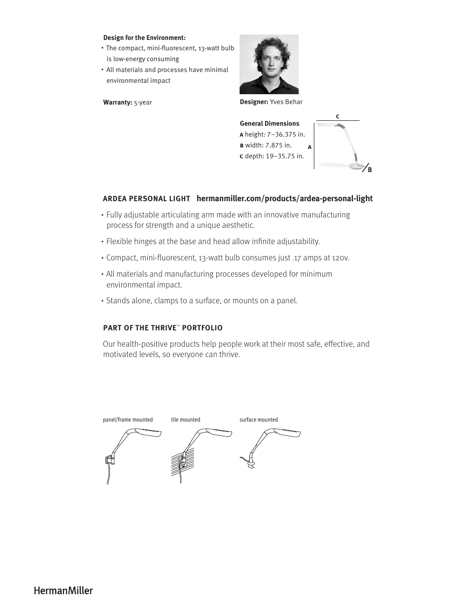 Herman Miller Ardea Personal Light - Product sheet User Manual | Page 2 / 2