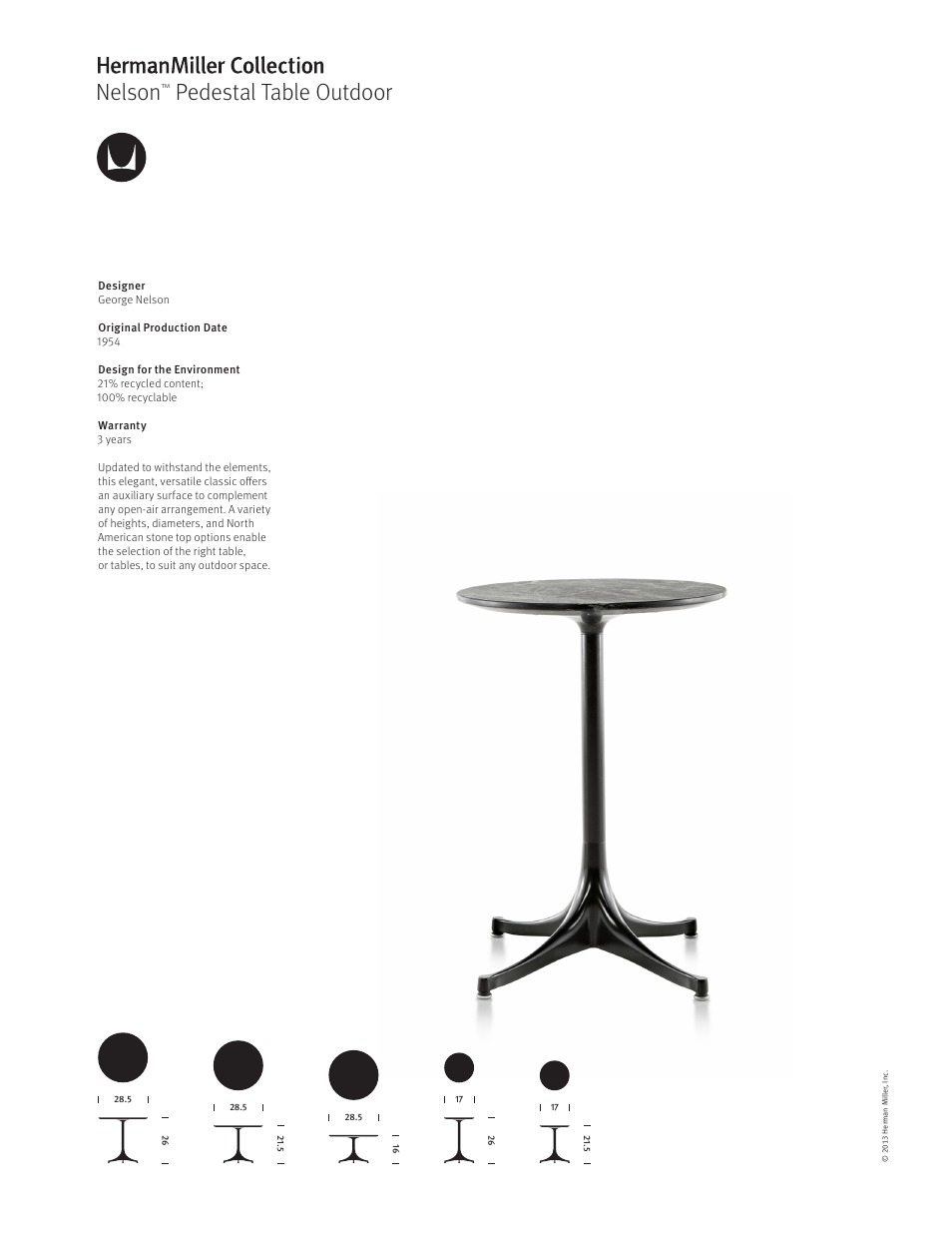 Herman Miller Nelson Pedestal Table Outdoor - Product sheet User Manual | 1 page