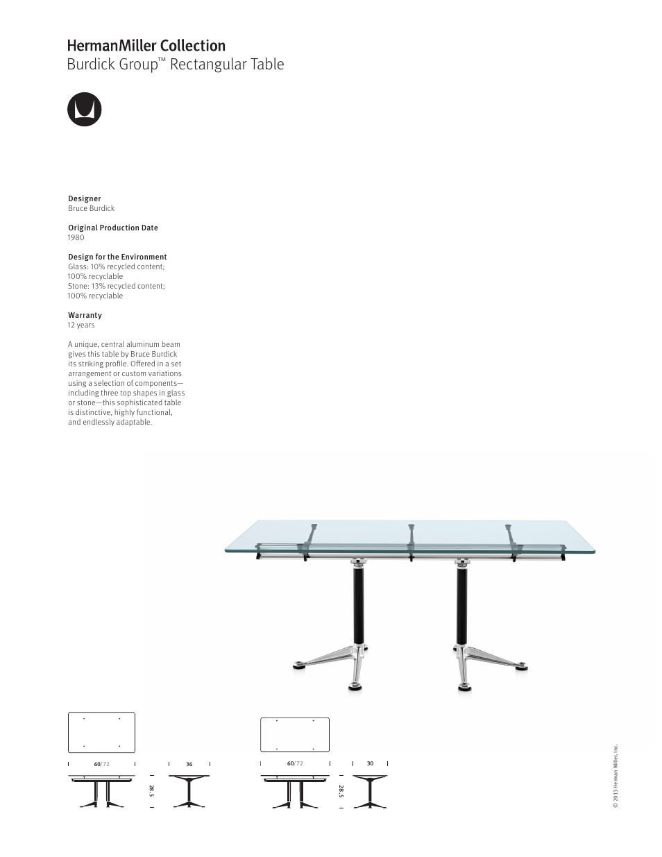 Herman Miller Burdick Group Rectangular Table - Product sheet User Manual | 1 page