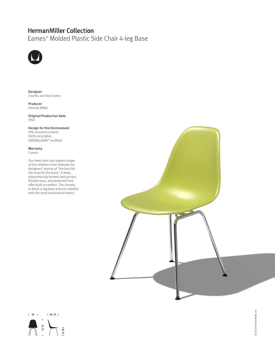 Herman Miller Eames Molded Plastic Side Chair 4-leg Base - Product sheet User Manual | 1 page