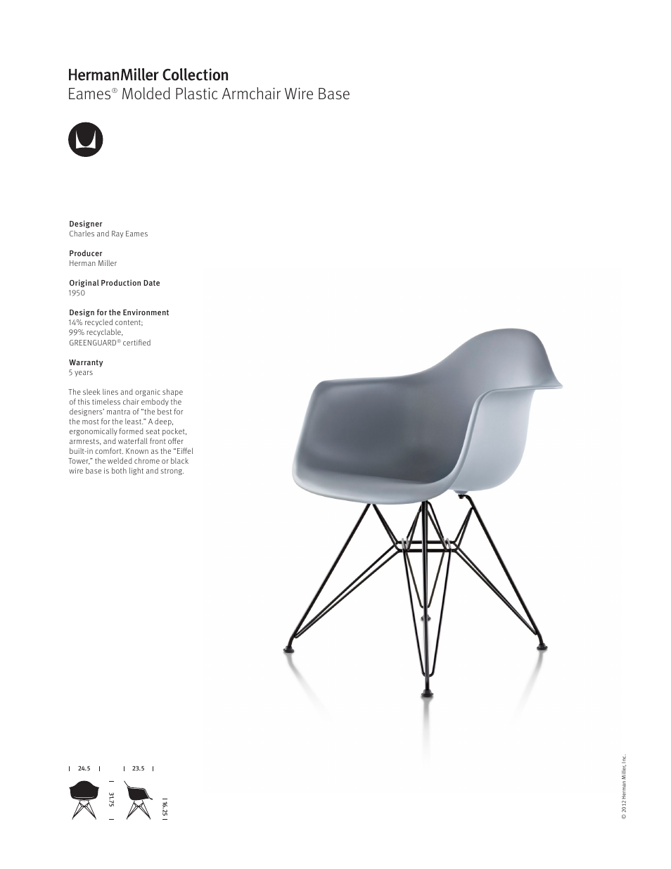 Herman Miller Eames Molded Plastic Armchair Wire Base - Product sheet User Manual | 1 page