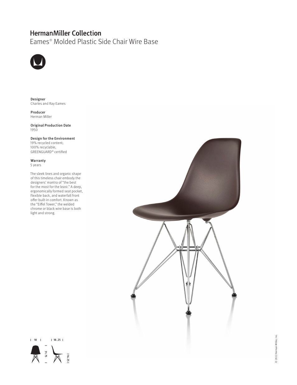 Herman Miller Eames Molded Plastic Side Chair Wire Base - Product sheet User Manual | 1 page