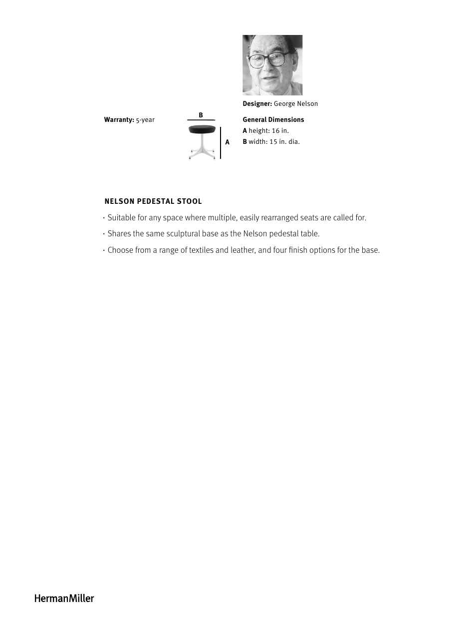 Herman Miller Nelson Pedestal Stool - Product sheet User Manual | Page 2 / 2