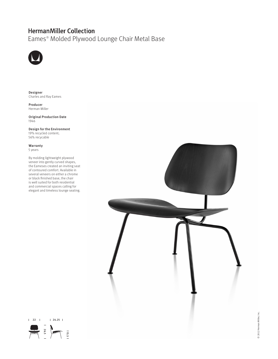 Herman Miller Eames Molded Plywood Lounge Chair Metal Base - Product sheet User Manual | 1 page