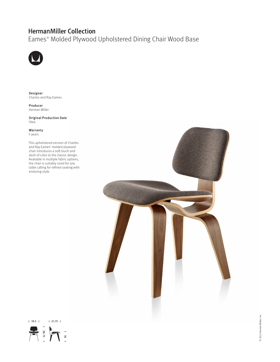 Herman Miller Eames Molded Plywood Upholstered Dining Chair Wood Base - Product sheet User Manual | 1 page