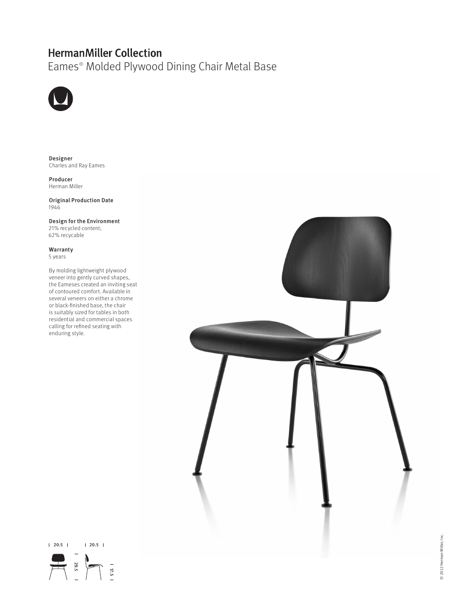 Herman Miller Eames Molded Plywood Dining Chair Metal Base - Product sheet User Manual | 1 page