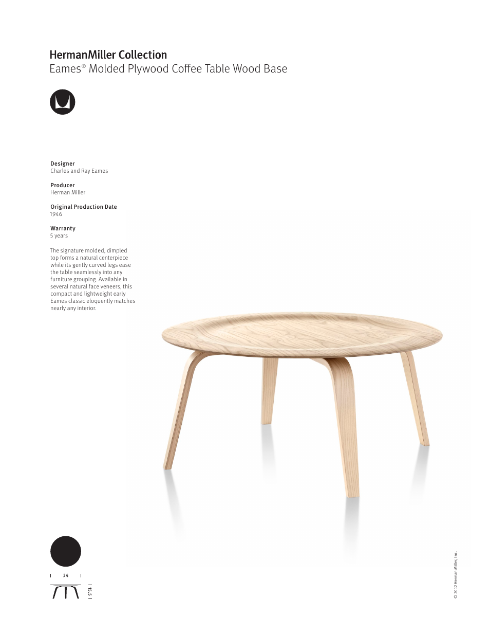 Herman Miller Eames Molded Plywood Coffee Table Wood Base - Product sheet User Manual | 1 page