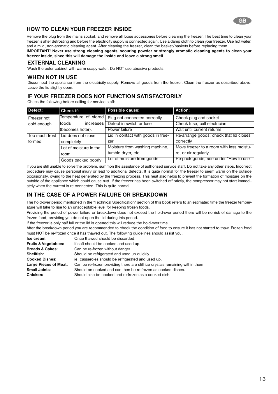 13 g gb b external cleaning, When not in use, If your freezer does not function satisfactorily | How to clean your freezer inside | Zanussi ZFC 11 JE User Manual | Page 13 / 16