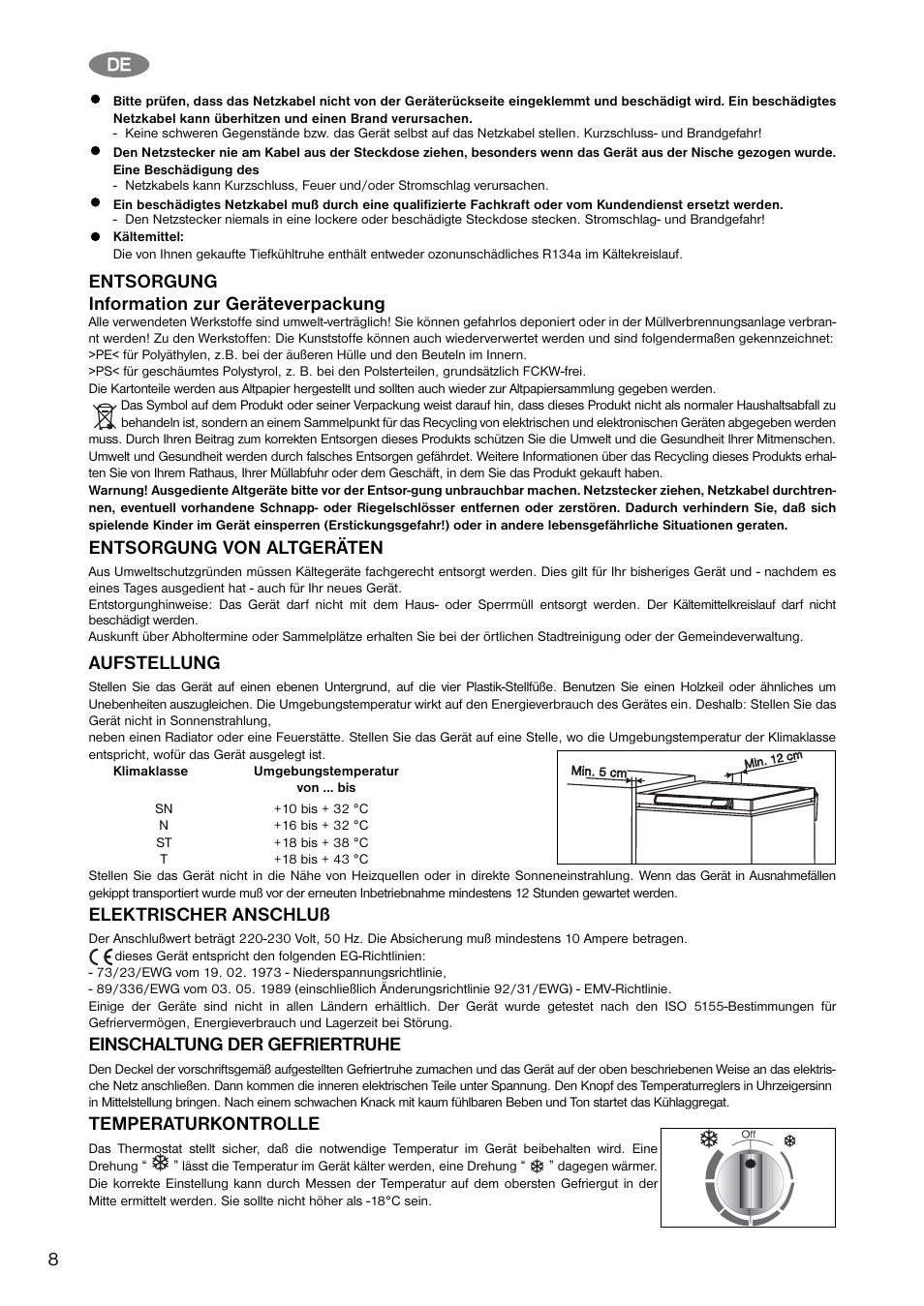 8d de e, Entsorgung information zur geräteverpackung, Entsorgung von altgeräten | Aufstellung, Elektrischer anschluß, Einschaltung der gefriertruhe, Temperaturkontrolle | Zanussi ZFC 11 JE User Manual | Page 8 / 16