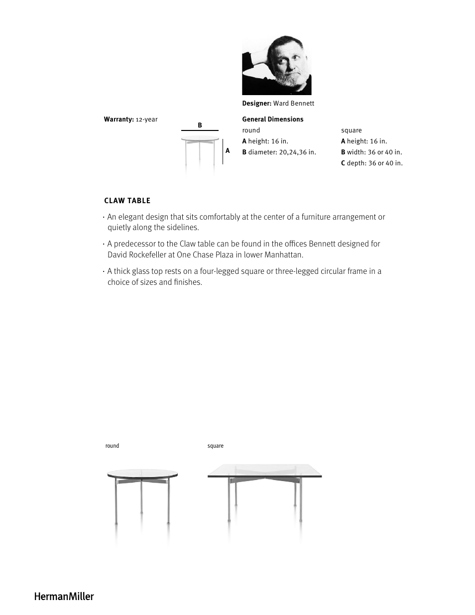 Herman Miller Claw Table - Product sheet User Manual | Page 2 / 2