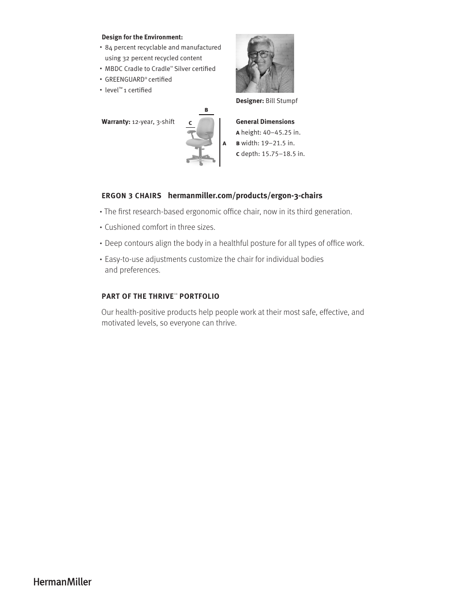 Herman Miller Ergon 3 Chairs - Product sheet User Manual | Page 2 / 2