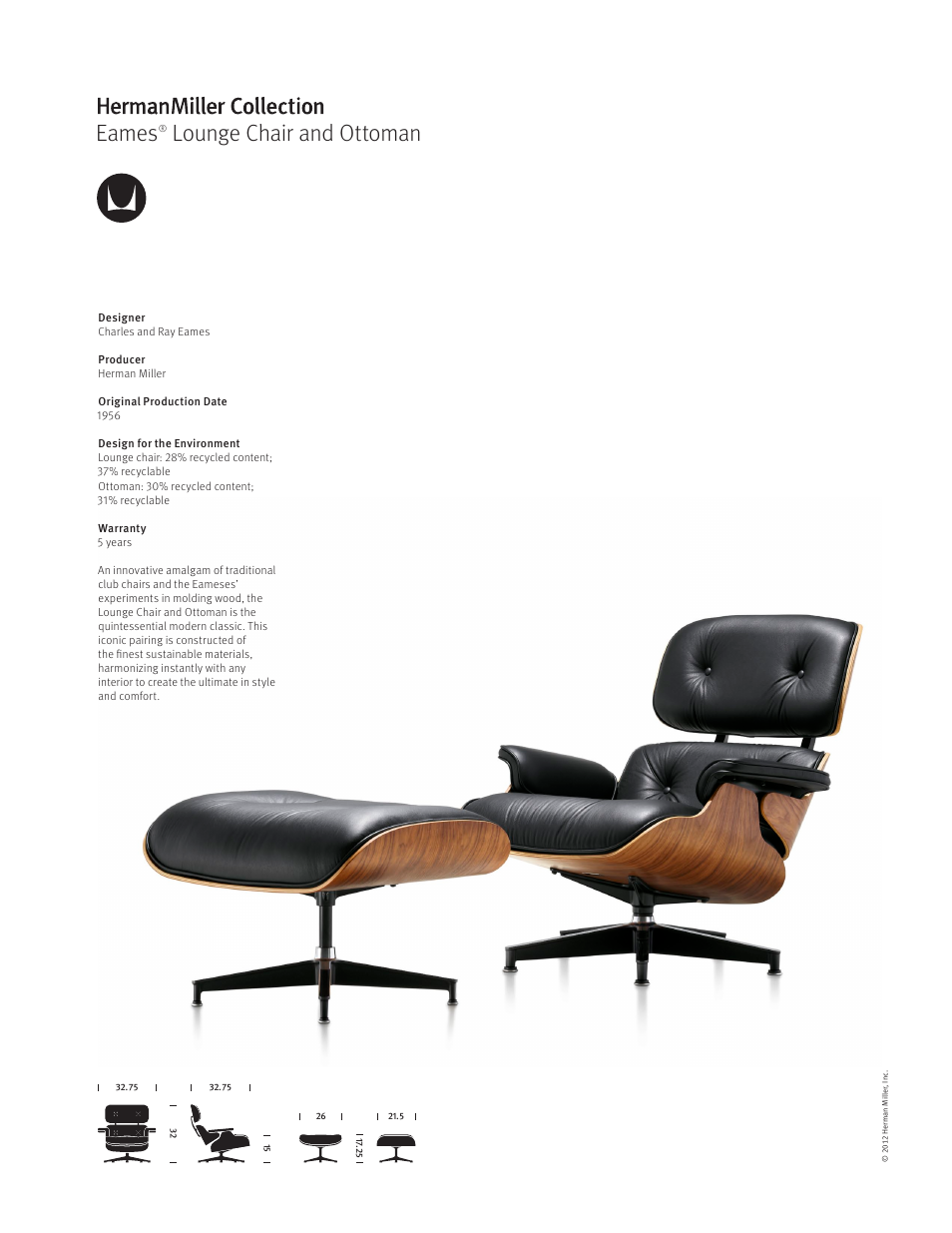 Herman Miller Eames Lounge Chair and Ottoman - Product sheet User Manual | 1 page