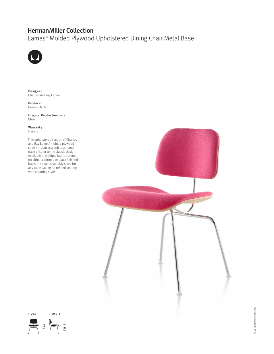 Herman Miller Eames Molded Plywood Upholstered Dining Chair Metal Base - Product sheet User Manual | 1 page