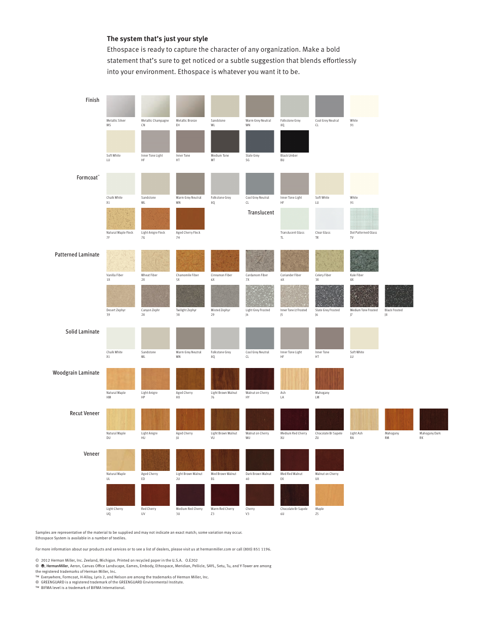 Finish formcoat, Translucent, Veneer | Herman Miller Ethospace System - Brochure User Manual | Page 19 / 20