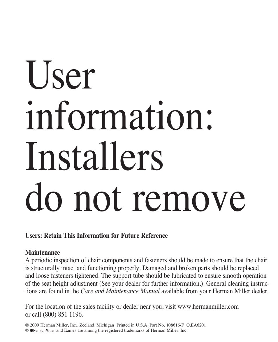 User information: installers do not remove | Herman Miller Eames Soft Pad Chair - User Adjustments User Manual | Page 3 / 3