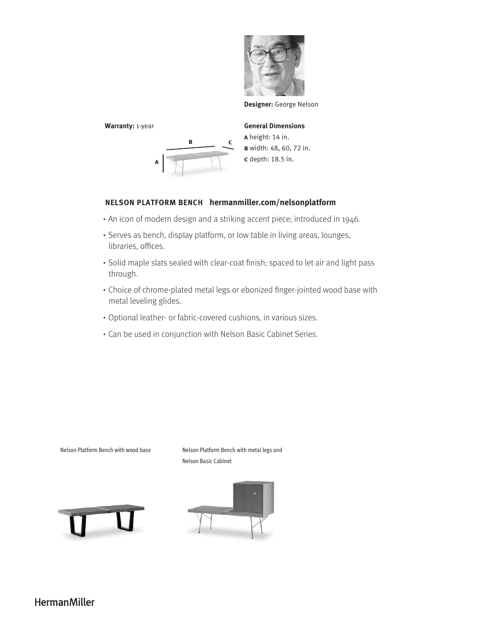 Herman Miller Nelson Platform Bench - Product sheet User Manual | Page 2 / 2