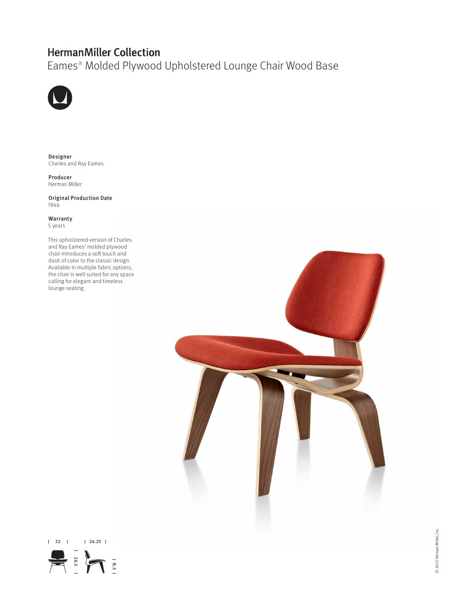 Herman Miller Eames Molded Plywood Upholstered Lounge Chair Wood Base - Product sheet User Manual | 1 page