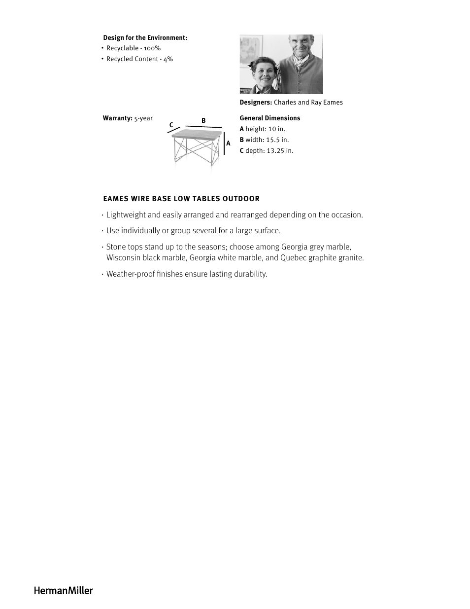 Herman Miller Eames Wire Base Low Table Outdoor - Product sheet User Manual | Page 2 / 2