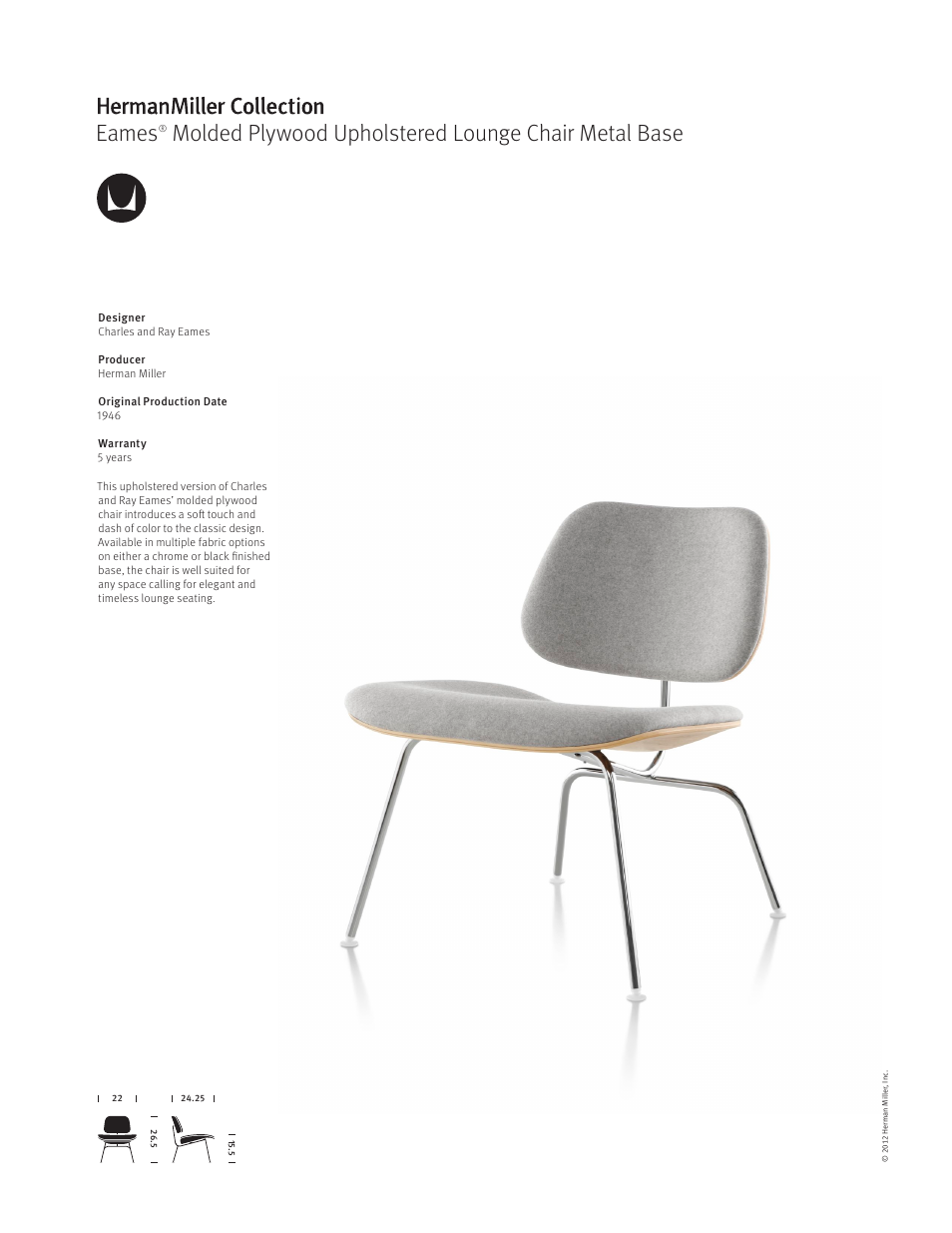 Herman Miller Eames Molded Plywood Upholstered Lounge Chair Metal Base - Product sheet User Manual | 1 page