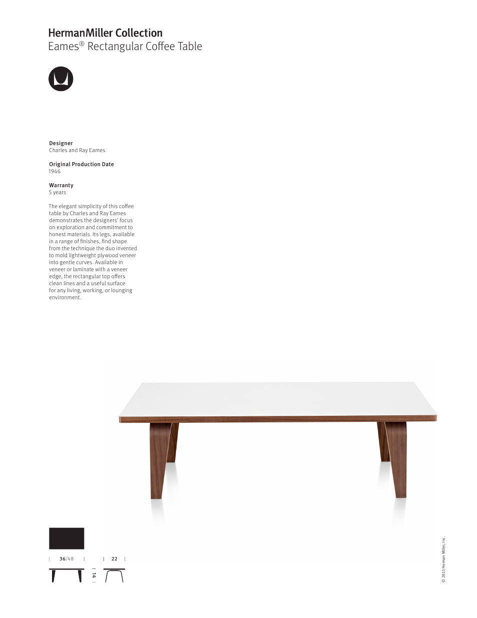 Herman Miller Eames Rectangular Coffee Table - Product sheet User Manual | 1 page