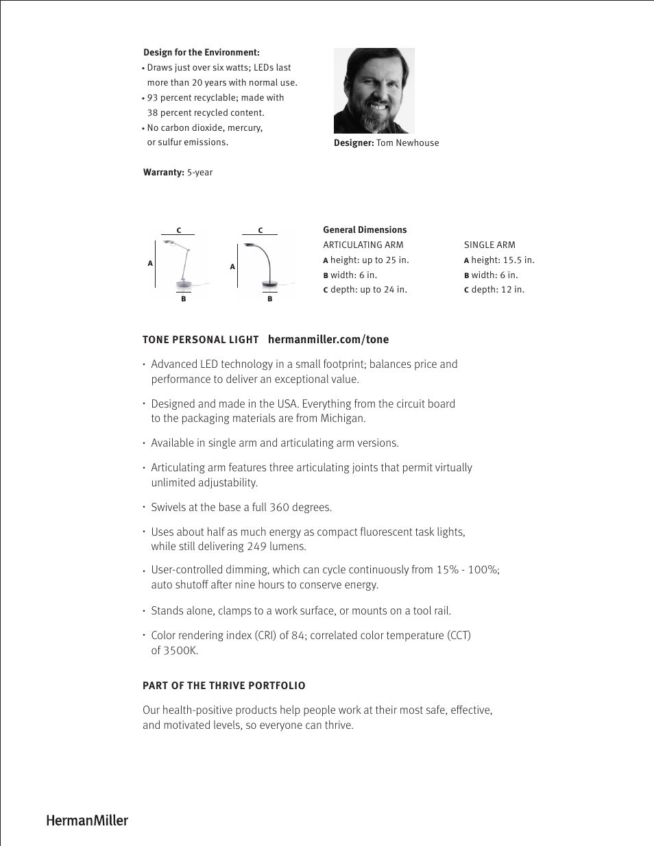 Swivels at the base a full 360 degrees | Herman Miller Tone Personal Light - Product sheet User Manual | Page 2 / 2