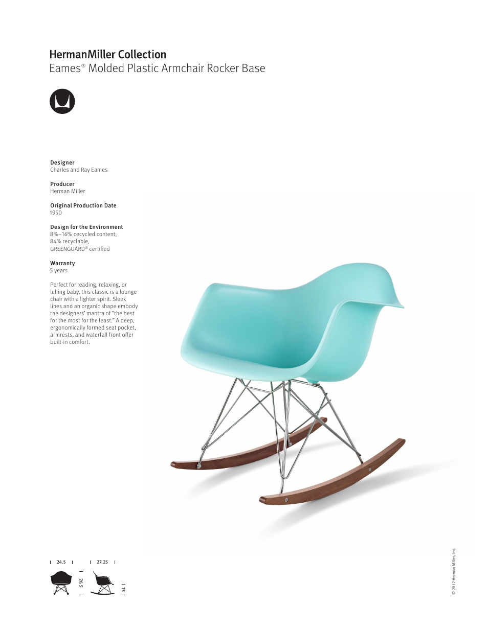 Herman Miller Eames Molded Plastic Armchair Rocker Base - Product sheet User Manual | 1 page