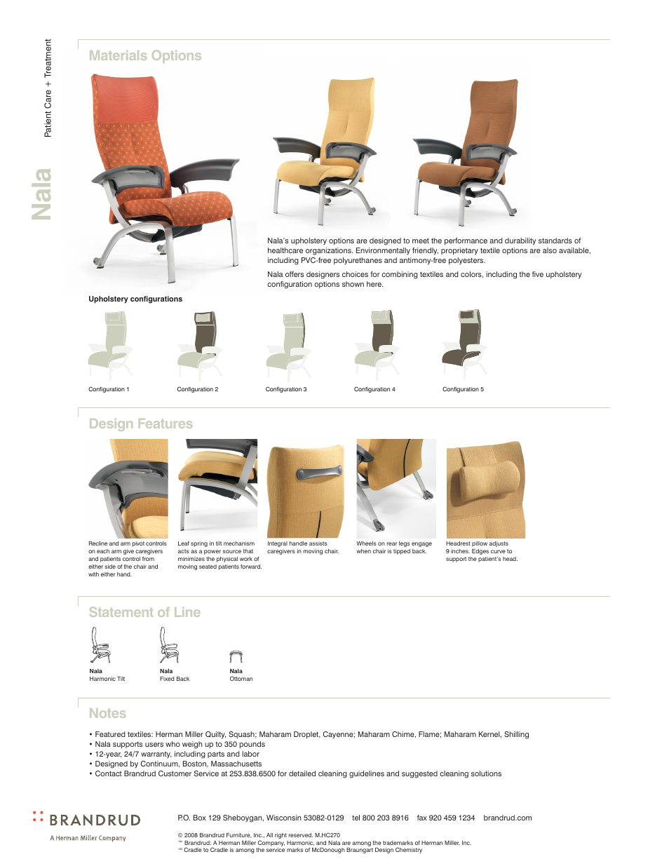 Nal a, Statement of line design features, Materials options | Herman Miller Nala Patient Chair - Product sheet User Manual | Page 4 / 4