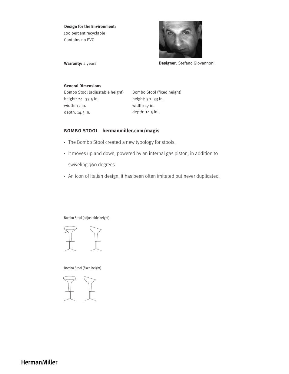 Herman Miller Bombo Stools - Product sheet User Manual | Page 2 / 2