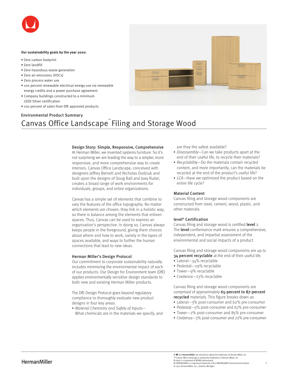 Herman Miller Canvas Office Landscape Filing and Storage Wood - Environmental Product Summary User Manual | 3 pages