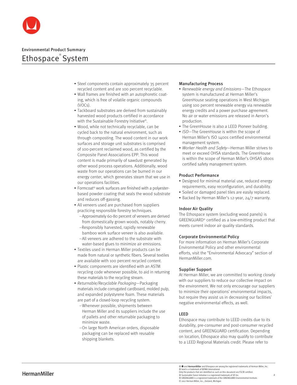 Ethospace, System | Herman Miller Ethospace System - Environmental Product Summary User Manual | Page 2 / 3