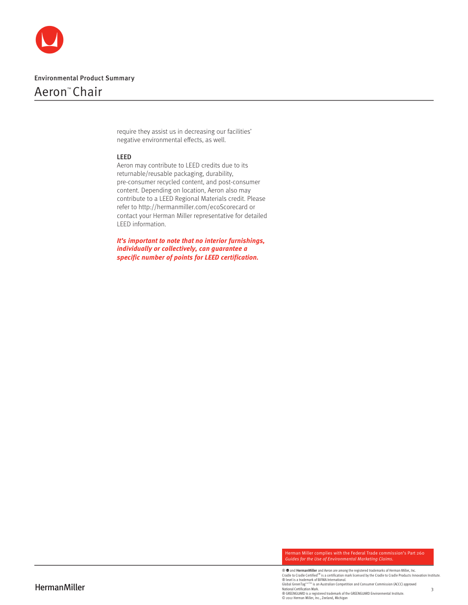 Aeron, Chair | Herman Miller Aeron Stool - Environmental Product Summary User Manual | Page 3 / 3