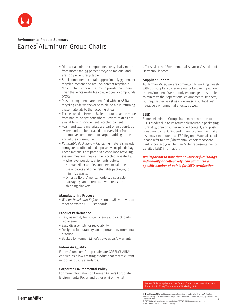 Eames, Aluminum group chairs | Herman Miller Eames Aluminum Group Chairs - Environmental Product Summary User Manual | Page 2 / 2