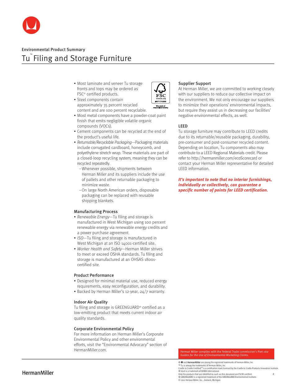 Filing and storage furniture | Herman Miller Tu Storage - Environmental Product Summary User Manual | Page 2 / 2