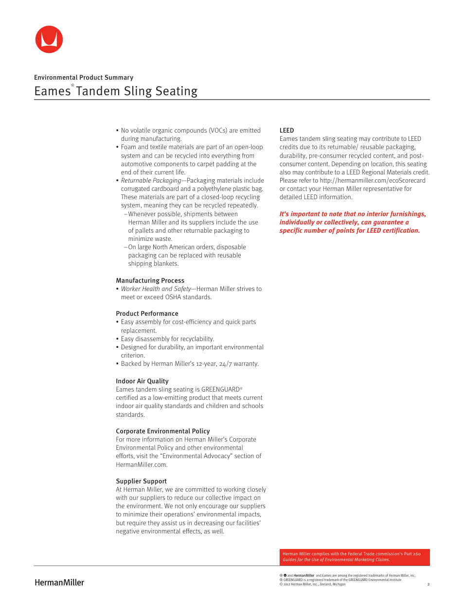 Eames, Tandem sling seating | Herman Miller Eames Tandem Sling Seating - Environmental Product Summary User Manual | Page 2 / 2