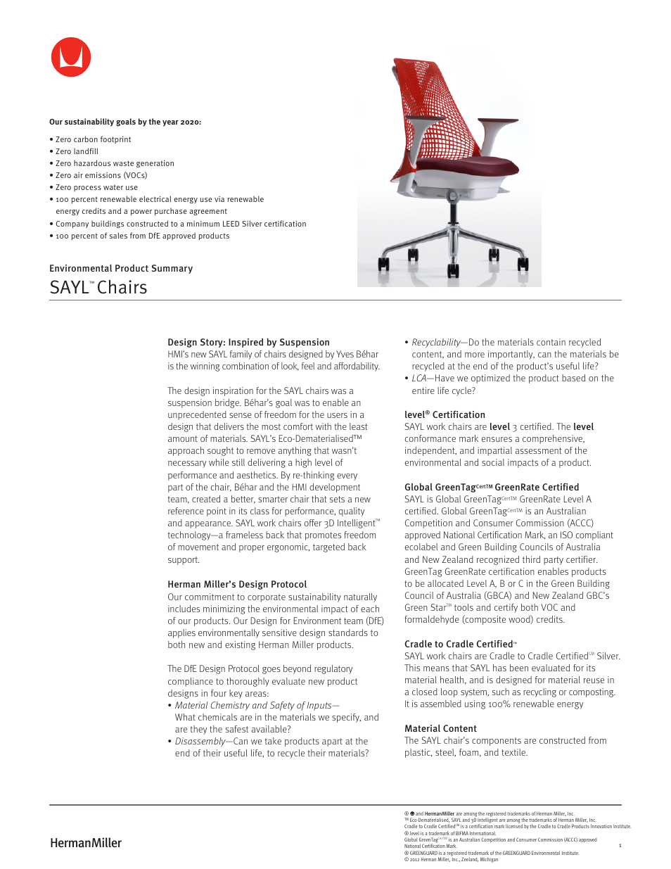 Herman Miller SAYL Chairs - Environmental Product Summary User Manual | 3 pages