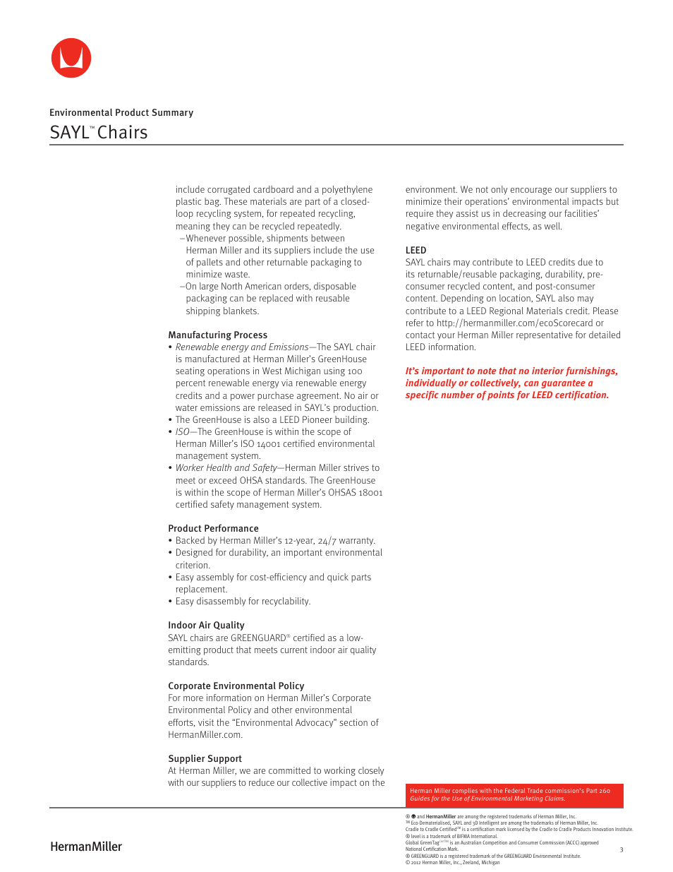 Sayl, Chairs | Herman Miller SAYL Chairs - Environmental Product Summary User Manual | Page 3 / 3