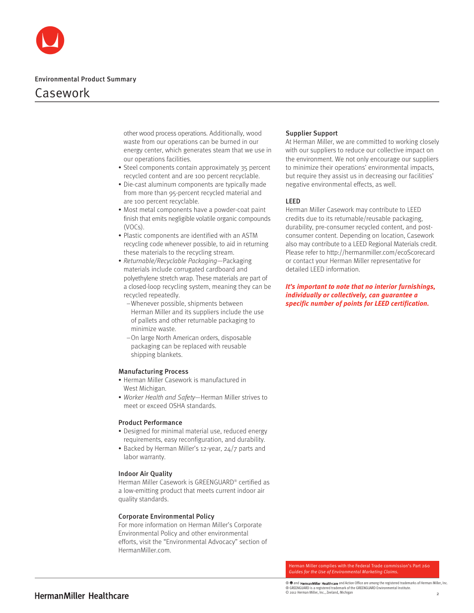 Casework | Herman Miller Casework - Environmental Product Summary User Manual | Page 2 / 2