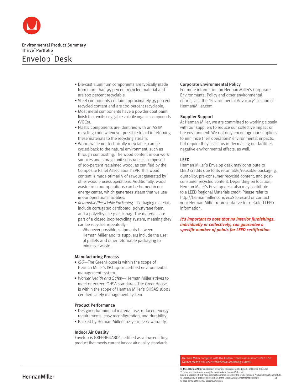 Envelop, Desk | Herman Miller Envelop Desk - Environmental Product Summary User Manual | Page 2 / 2