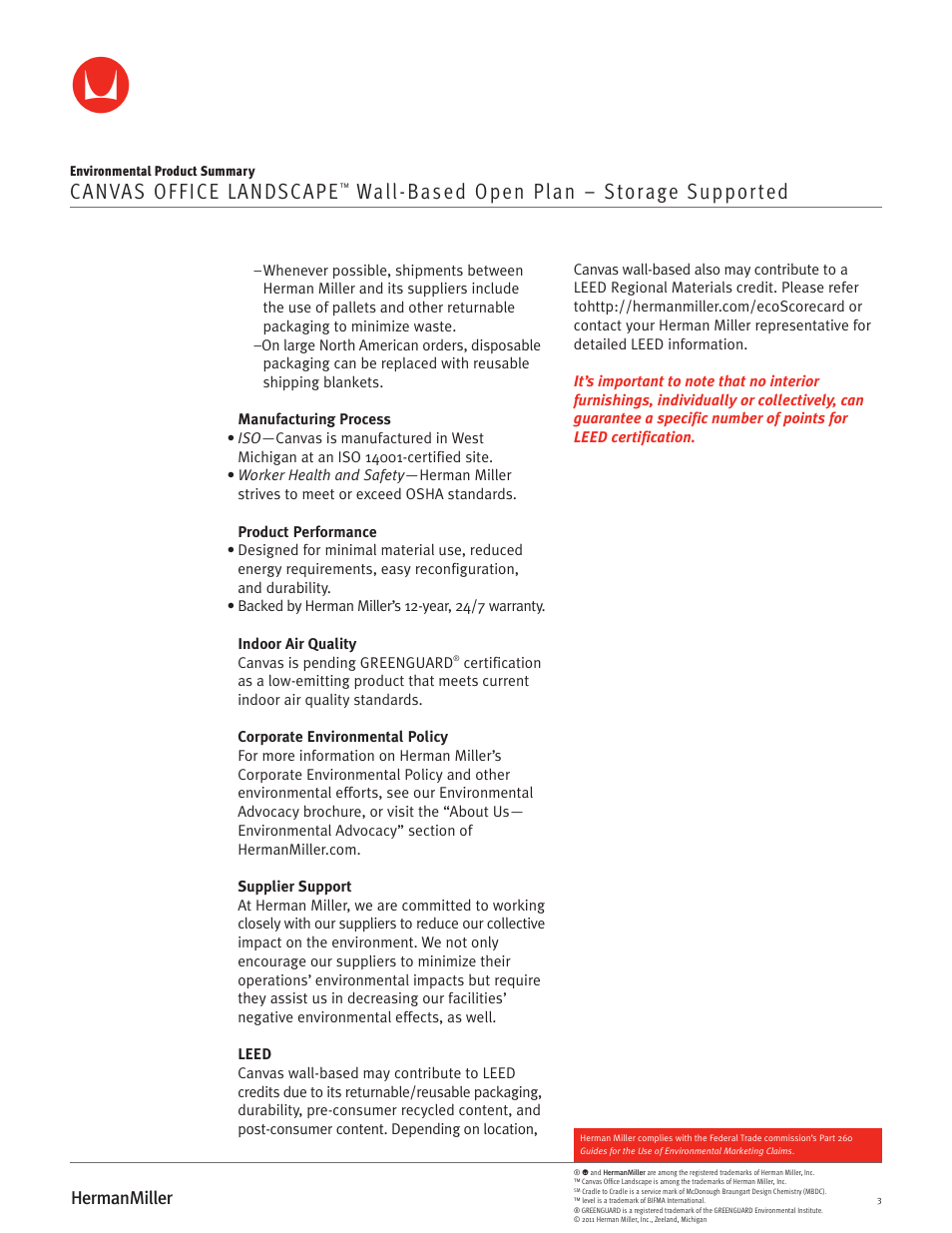 Herman Miller Canvas Office Landscape Wall-Based Open Plan - Environmental Product Summary User Manual | Page 3 / 3