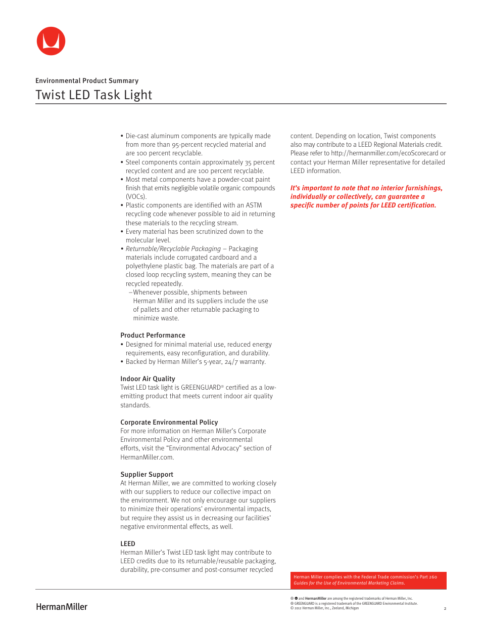 Twist led task light | Herman Miller Twist LED Task Light - Environmental Product Summary User Manual | Page 2 / 2