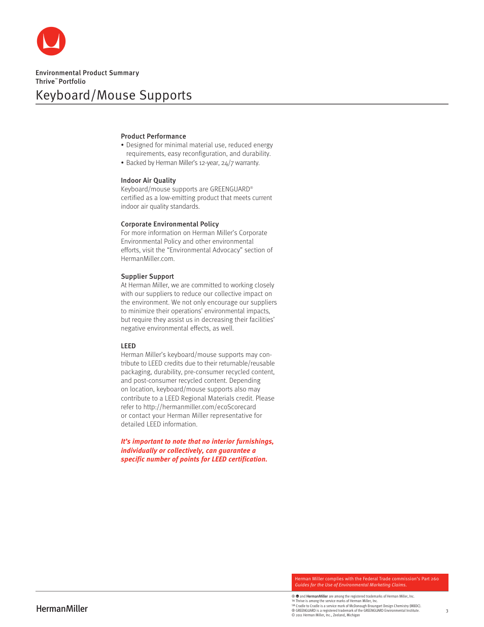 Keyboard/mouse supports | Herman Miller Keyboard_Mouse Supports - Environmental Product Summary User Manual | Page 3 / 3