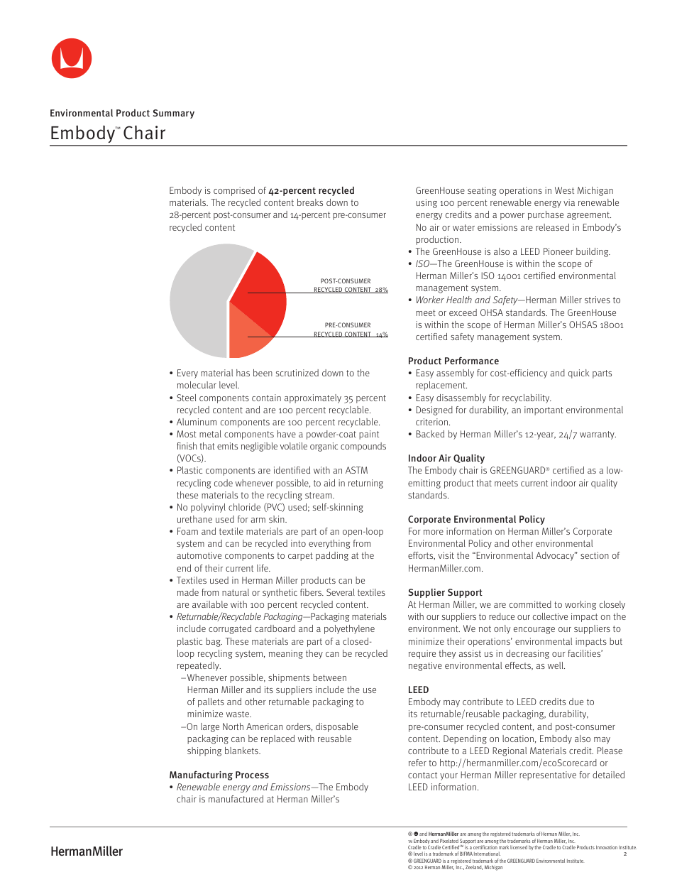 Embody, Chair | Herman Miller Embody Chairs - Environmental Product Summary User Manual | Page 2 / 3