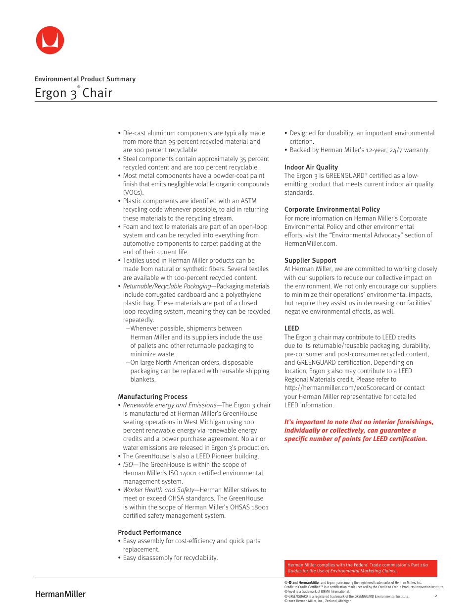 Ergon 3, Chair | Herman Miller Ergon 3 Chairs - Environmental Product Summary User Manual | Page 2 / 2