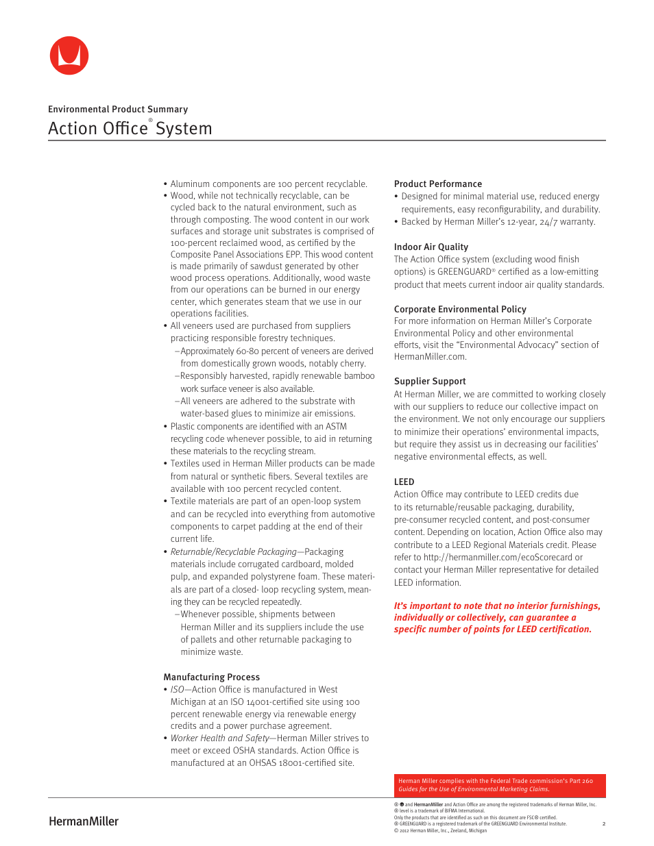 Action office, System | Herman Miller Action Office System - Environmental Product Summary User Manual | Page 2 / 2