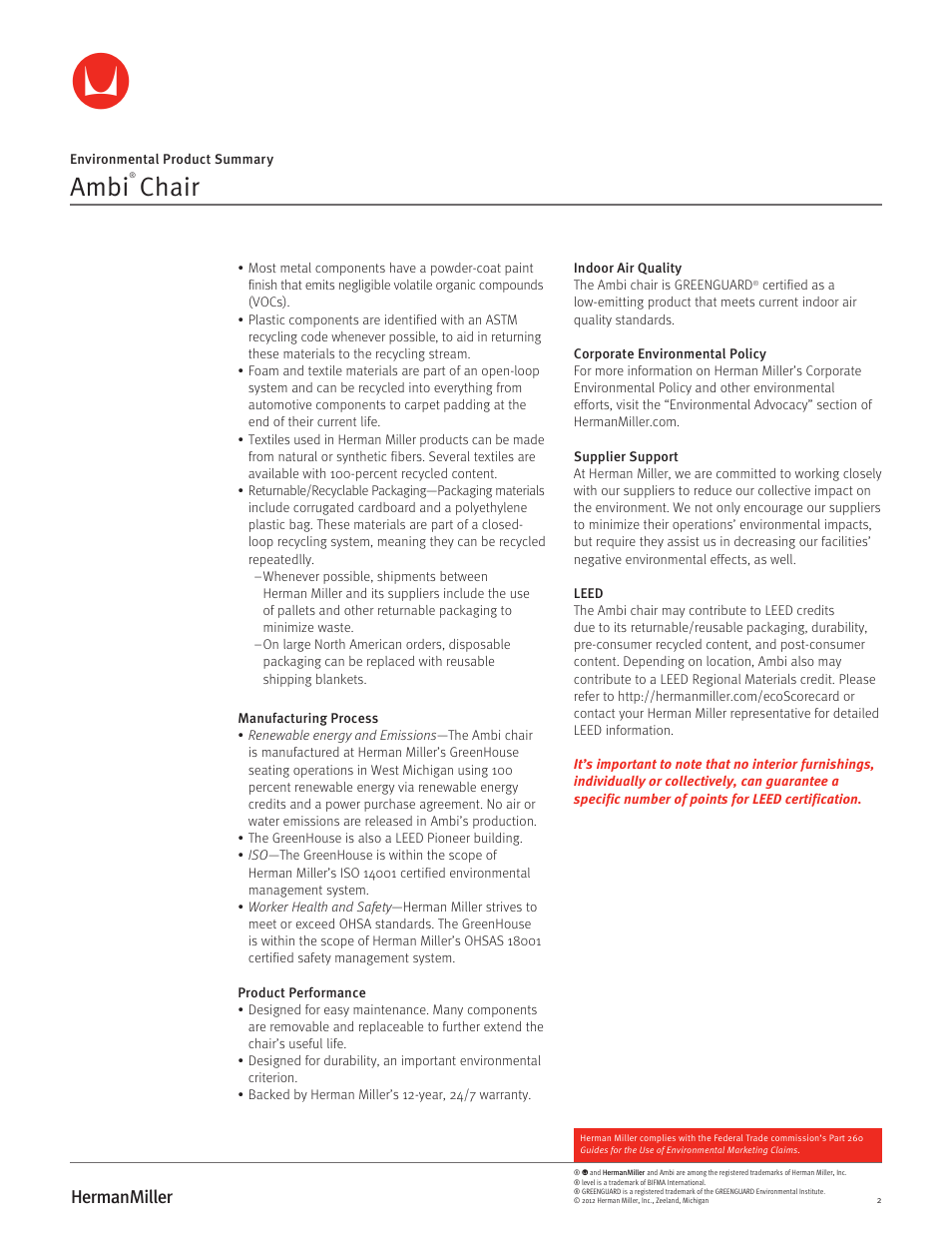 Ambi, Chair | Herman Miller Ambi Chairs - Environmental Product Summary User Manual | Page 2 / 2