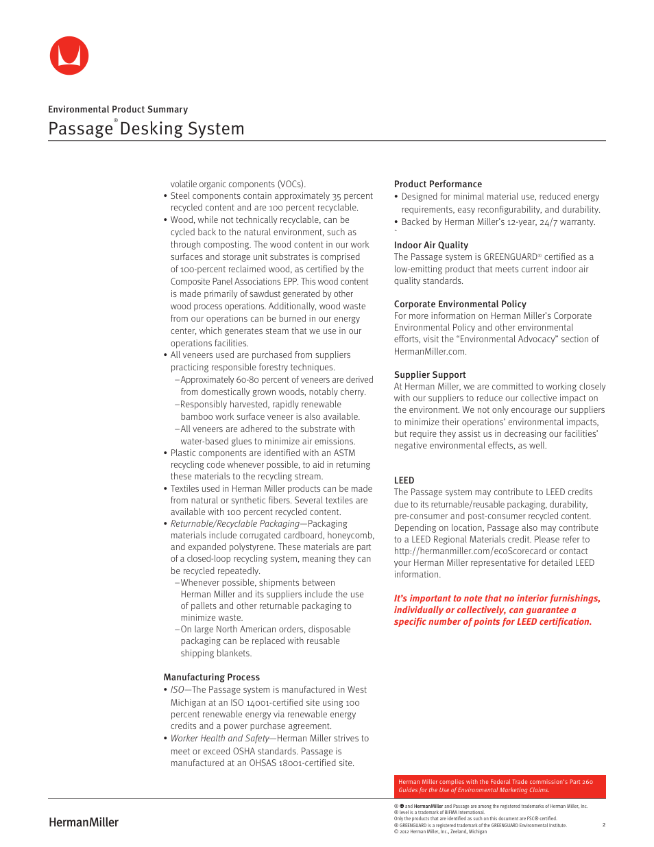 Passage, Desking system | Herman Miller Passage Desking System - Environmental Product Summary User Manual | Page 2 / 2