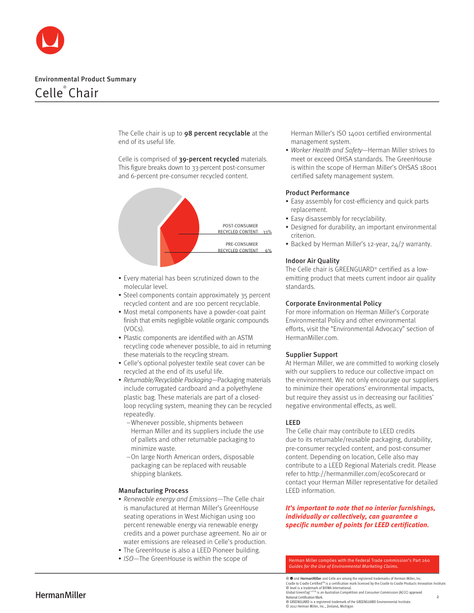 Celle, Chair | Herman Miller Celle Chairs - Environmental Product Summary User Manual | Page 2 / 2
