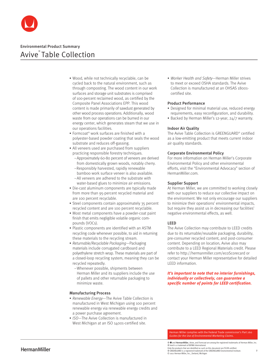 Avive, Table collection | Herman Miller Avive Table Collection - Environmental Product Summary User Manual | Page 2 / 2